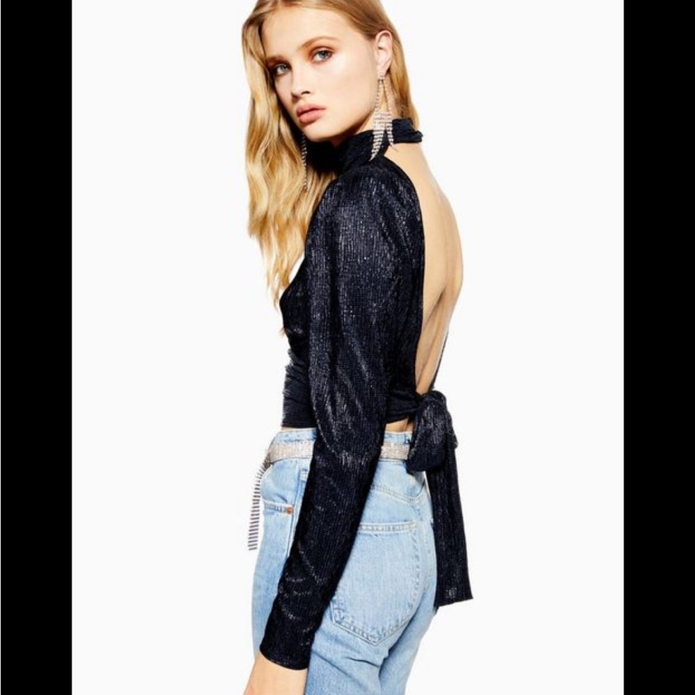 Topshop sexy open back mock neck top navy
